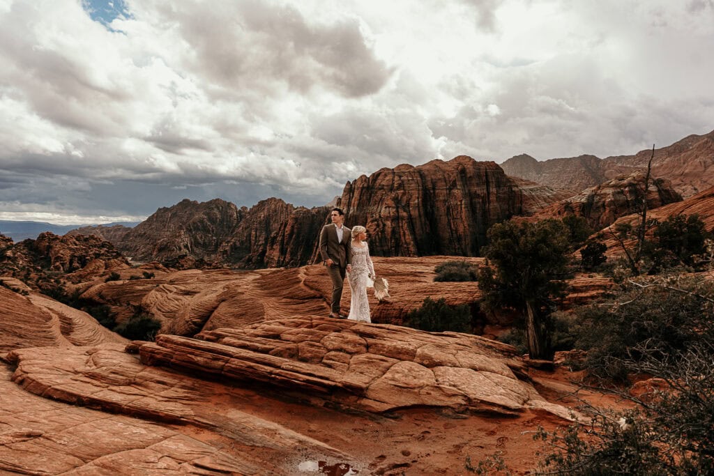 A wide angle photo of Skyler and Jason during their Snow Canyon elopement.