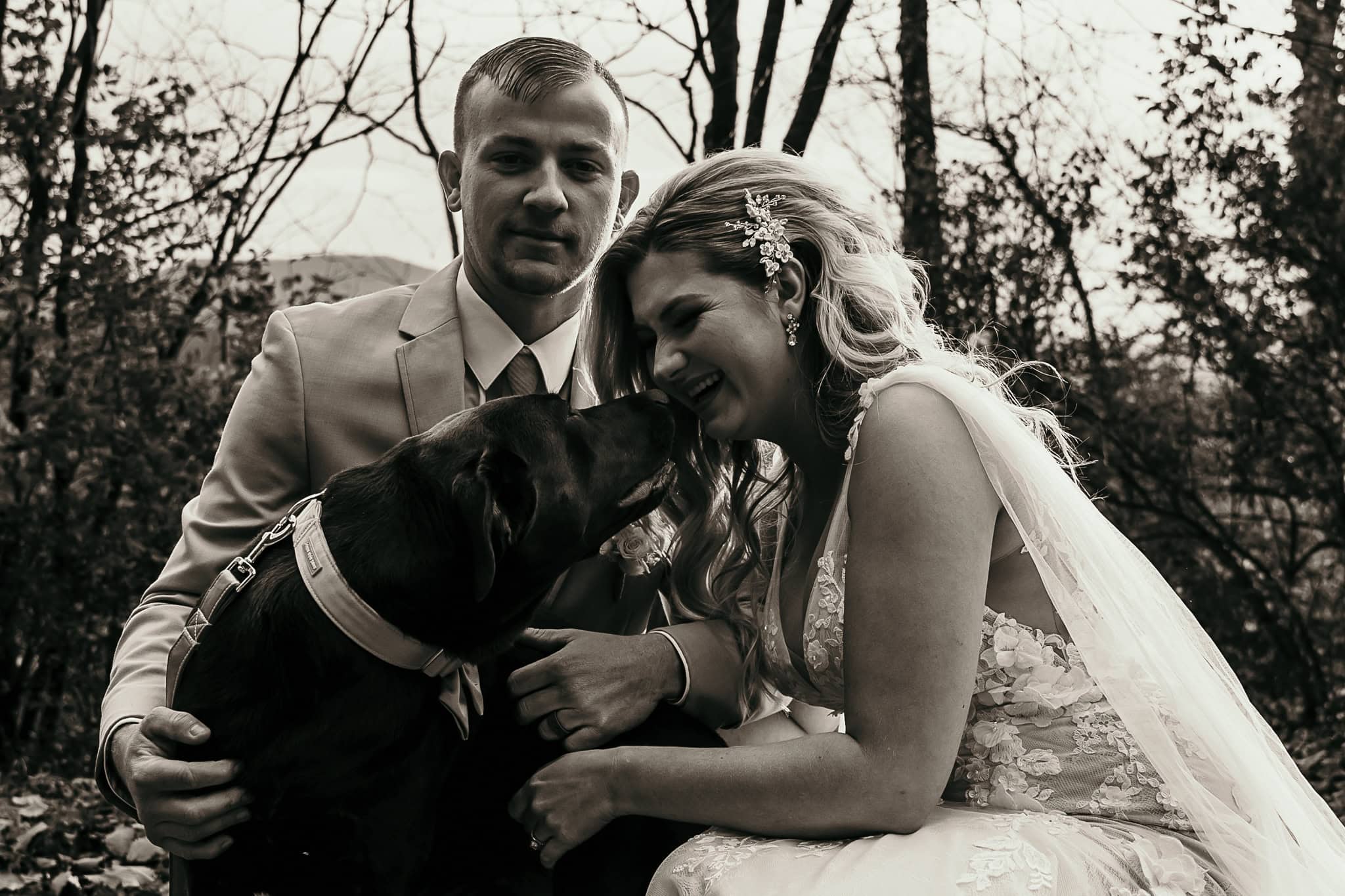 A bride and groom kneel down with their dog after their wedding. The bride laughs as the dog kisses her face.