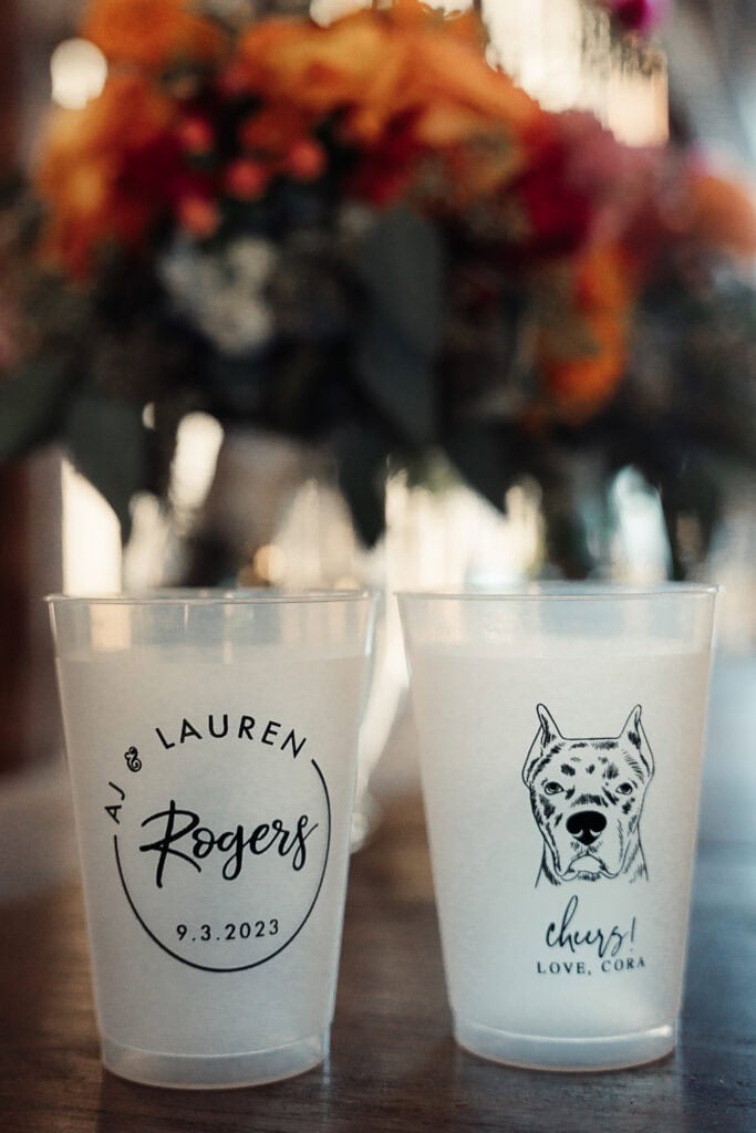 Personalized cups to honor Lauren & AJ's dog at their wedding