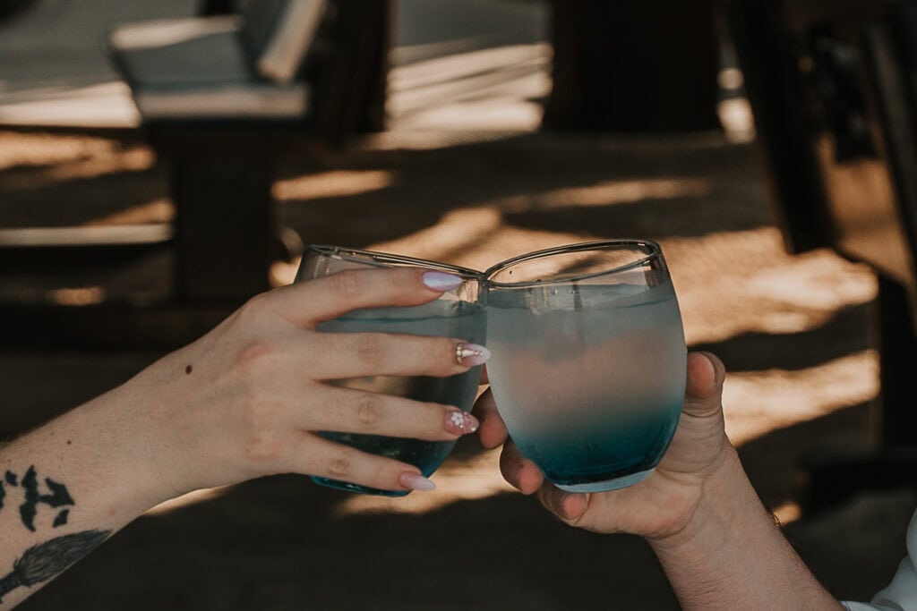 A couple clinks their water glasses together.