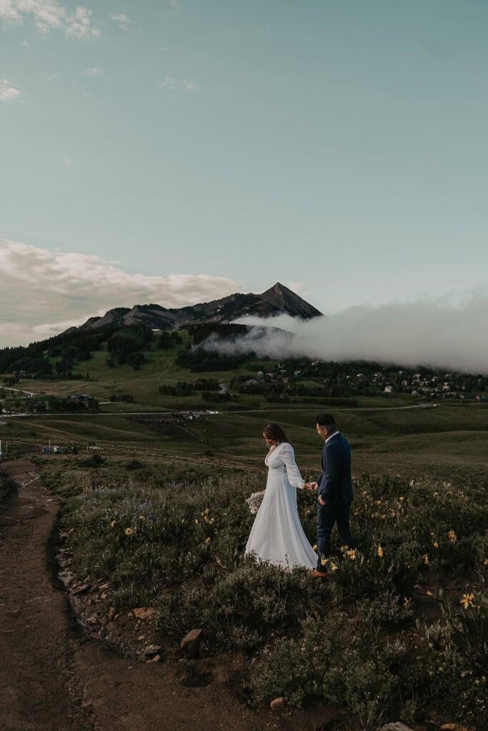 A bride and groom walk, holding hands, down a path of wildflowers with mountains in the distance.