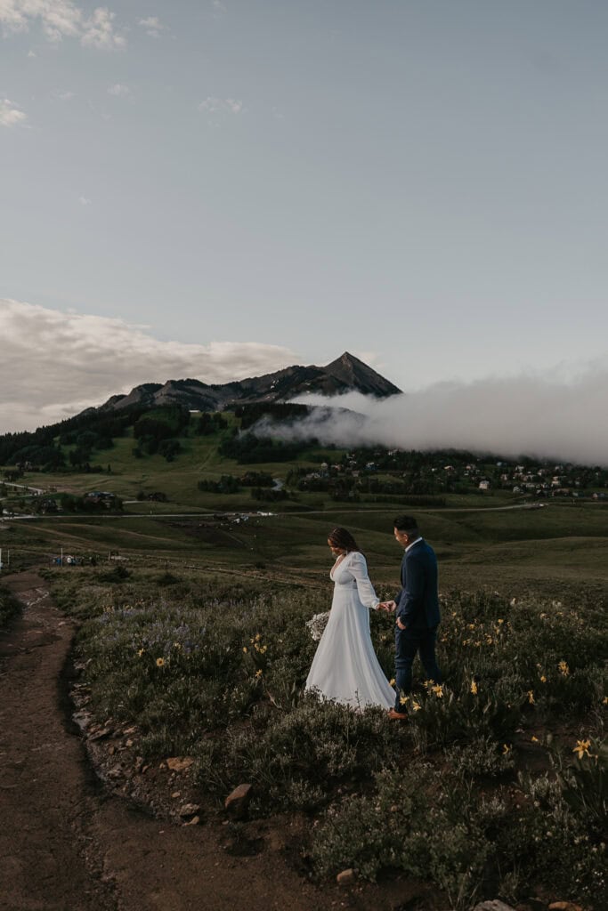 A couple walks hand in hand in wildflowers on a mountain top with fog in the distance.