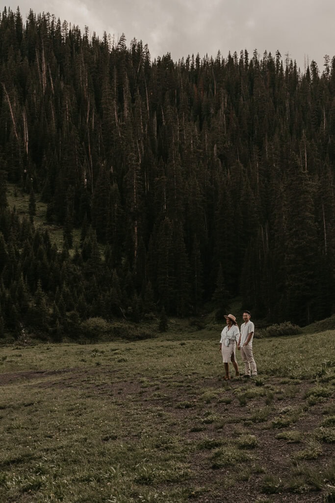 A couple stands in front of a row of pine trees, laughing together.