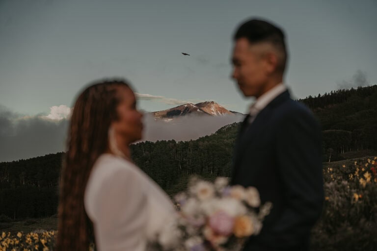 A couple faces each other with mountains in the background. A bird flies overhead.