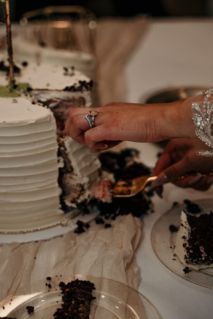 A bride and groom cut a slice of wedding cake.