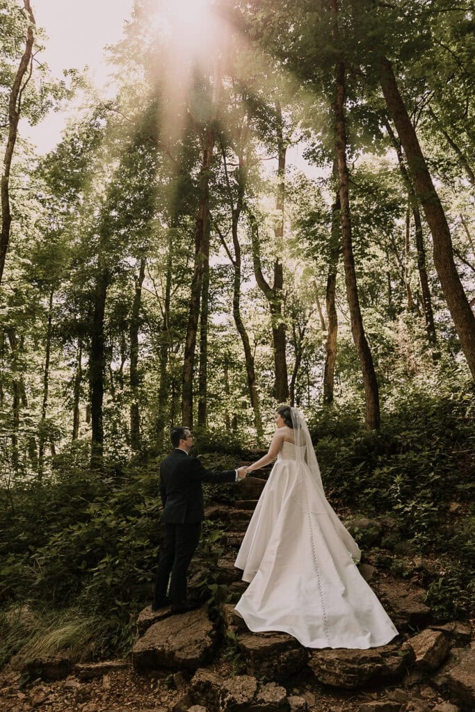 Sunlight filters through the trees as a couple in wedding attire hold hands, gazing at each other.