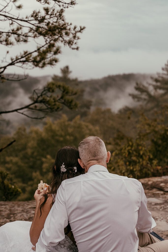 Fog rolls in over the treetops as a seated couple in wedding attire look on.